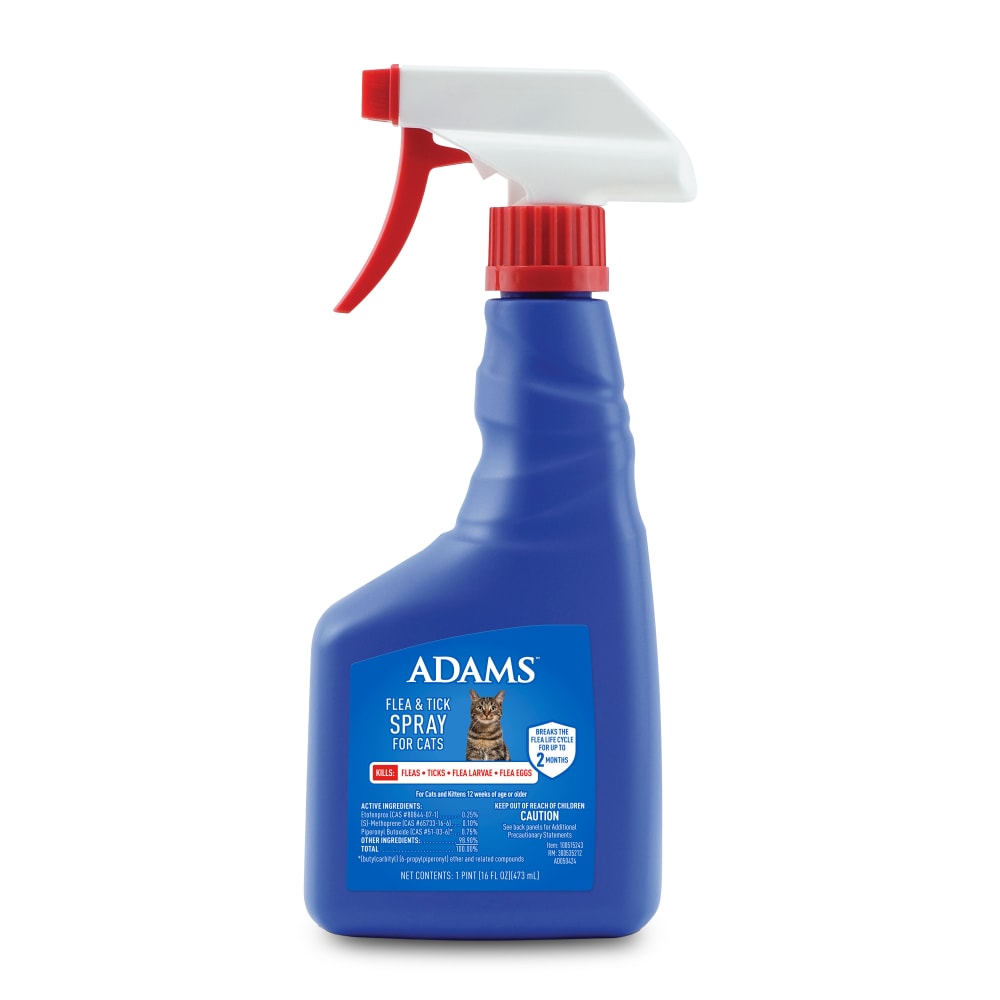 Front of retail packaging for adams flea and tick spray for cats