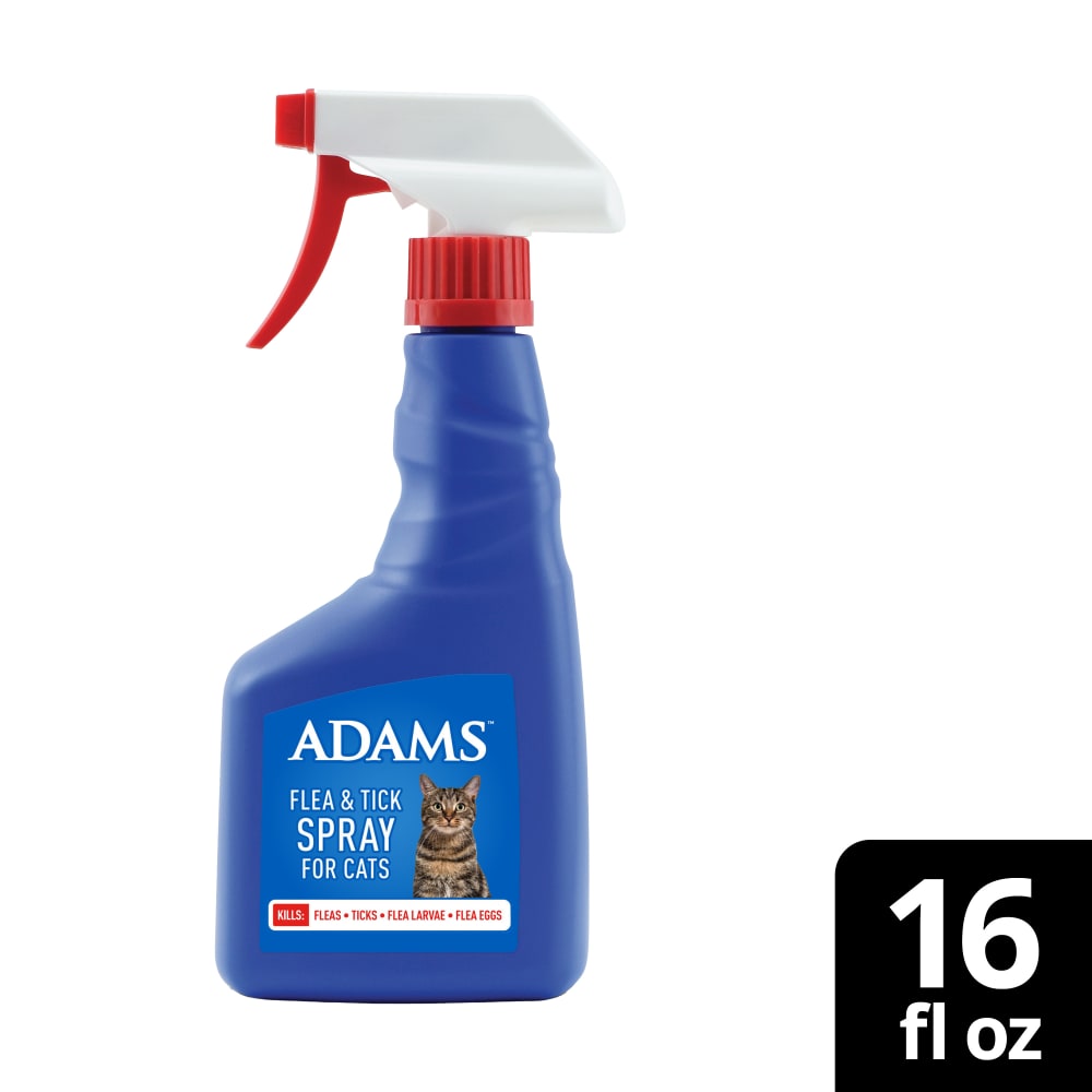 Front of retail packaging for adams flea and tick spray for cats