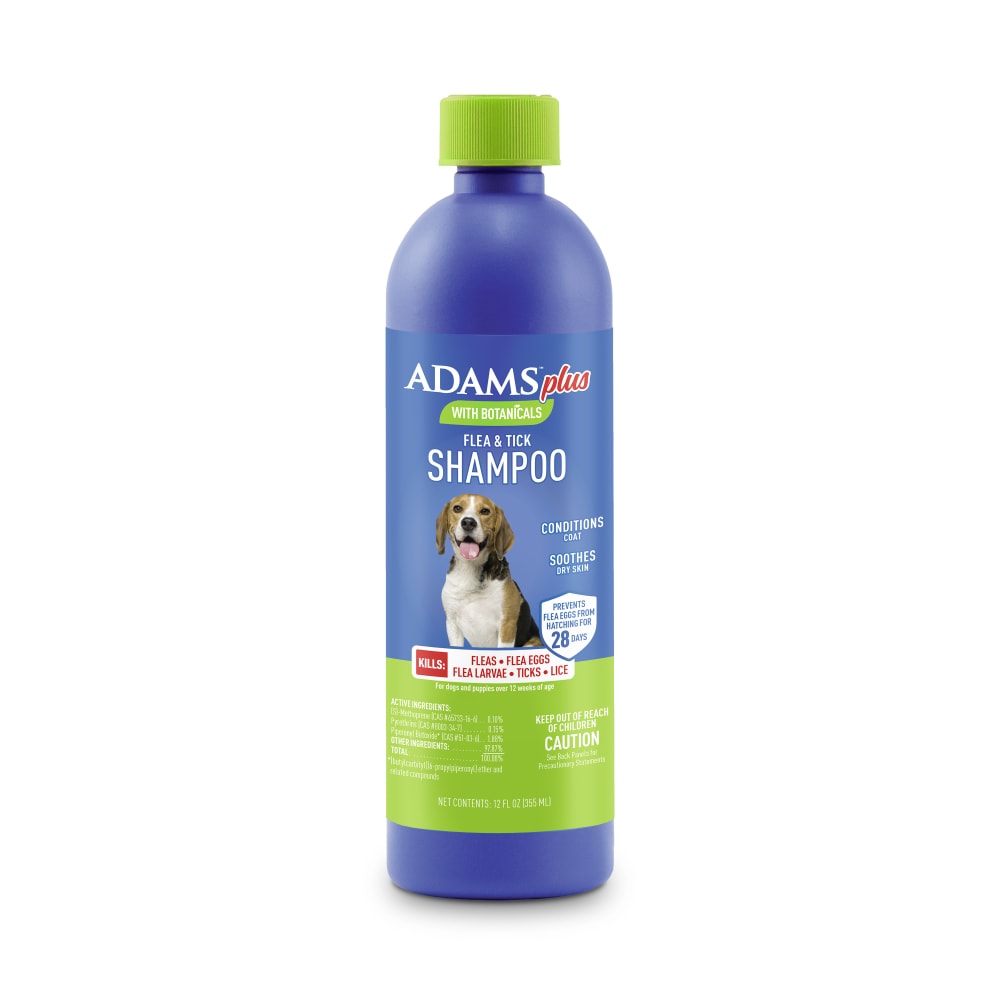 Retail packaging for Adams Plus botanicals flea and tick dog shampoo