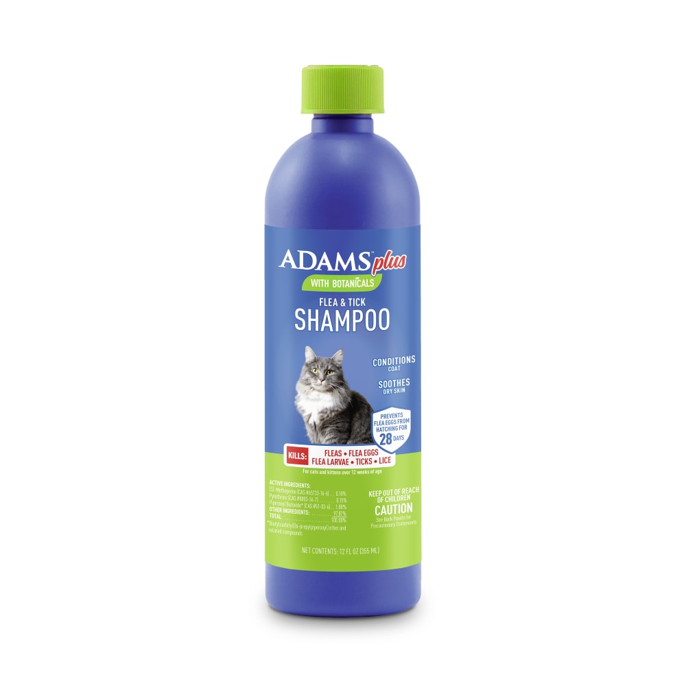 Retail packaging for Adams Plus botanicals flea and tick cat shampoo
